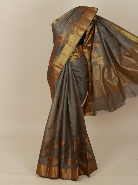 

Pothys Grey & Gold-Toned Floral Pure Silk Tussar Saree