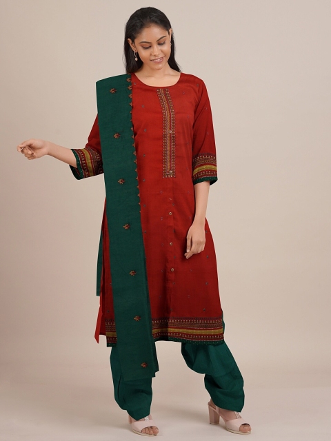

Pothys Red & Green Embroidered Unstitched Dress Material