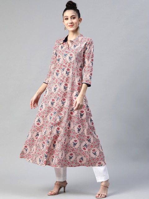 

mokshi Women Pink & Navy Blue Ethnic Motifs Printed Pure Cotton A-Line Kurta