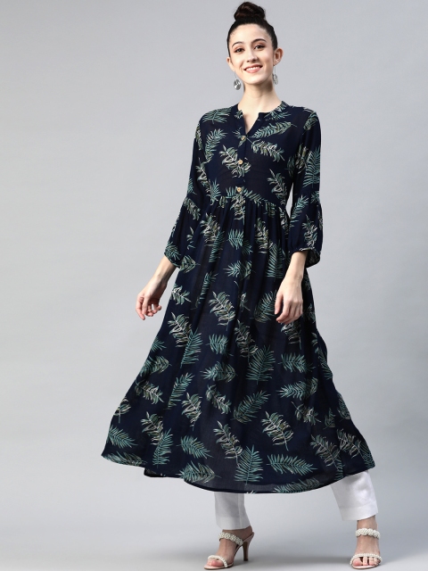 

mokshi Women Navy Blue & Green Floral Printed Indigo Crepe Kurta