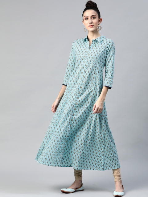 

mokshi Women Blue & Khaki Ethnic Motifs Printed Pure Cotton Kurta