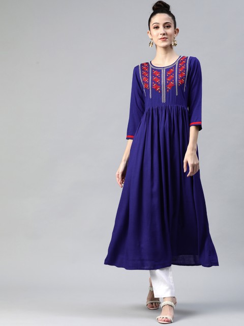 

mokshi Women Blue Ethnic Motifs Yoke Design Thread Work Kurta