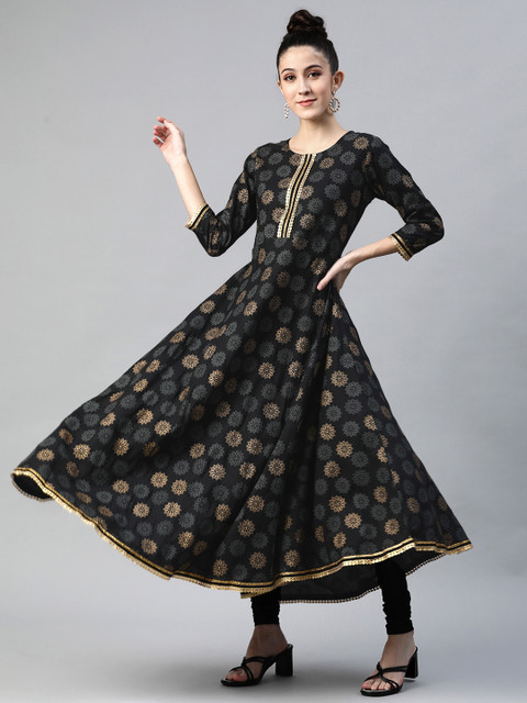 

mokshi Women Black & Charcoal Grey Ethnic Motifs Printed Gotta Patti A-Line Kurta