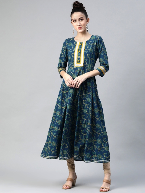 

mokshi Women Navy Blue & Green Ethnic Motifs Printed Pure Cotton Anarkali Kurta