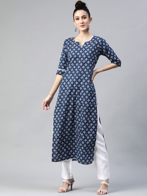 

mokshi Women Navy Blue & White Ethnic Motifs Printed Indigo Pure Cotton Kurta