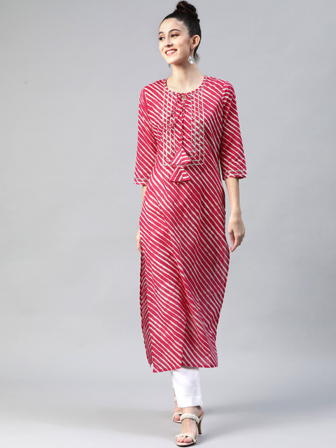 

mokshi Women Pink & White Leheriya Printed Gotta Patti Pure Cotton Straight Kurta