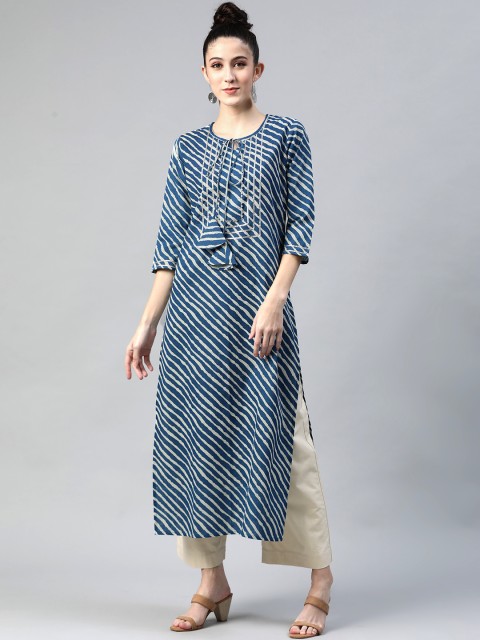 

mokshi Women Navy Blue & White Leheriya Printed Gotta Patti Pure Cotton Straight Kurta