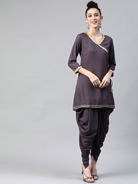 

mokshi Women Charcoal Grey Angrakha Gotta Patti Kurta with Dhoti Pants