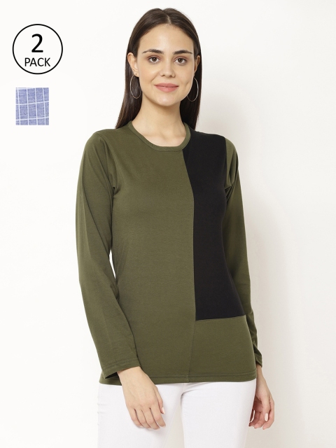 

VIMAL JONNEY Women Olive Green and Blue Pack of 2 Long Sleeves T-shirts