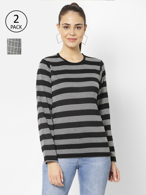 

VIMAL JONNEY Women Black & Grey Pack of 2 Striped T-shirts