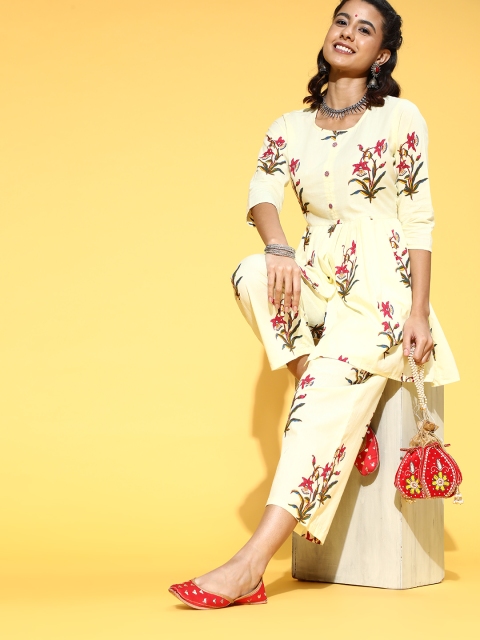 

mokshi Printed Pure Cotton Kurta Set, Cream