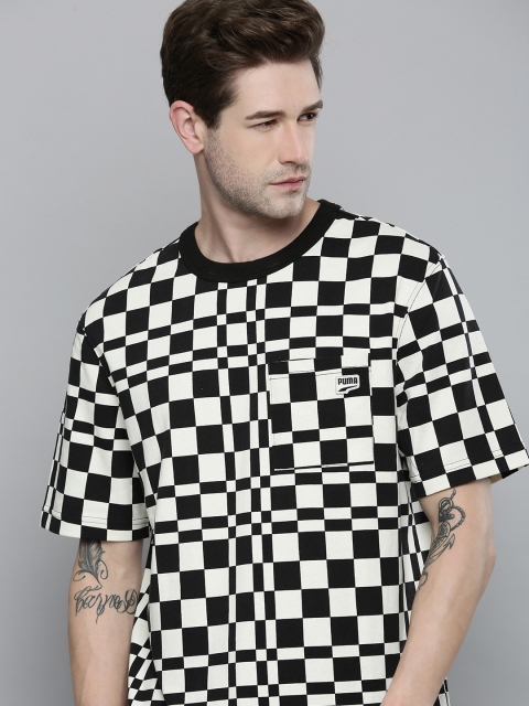

Puma Men Black White Downtown Check Loose Fit Round Neck Pure Cotton T-shirt