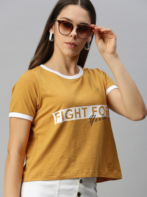 

Campus Sutra Mustard Yellow Printed Regular Top
