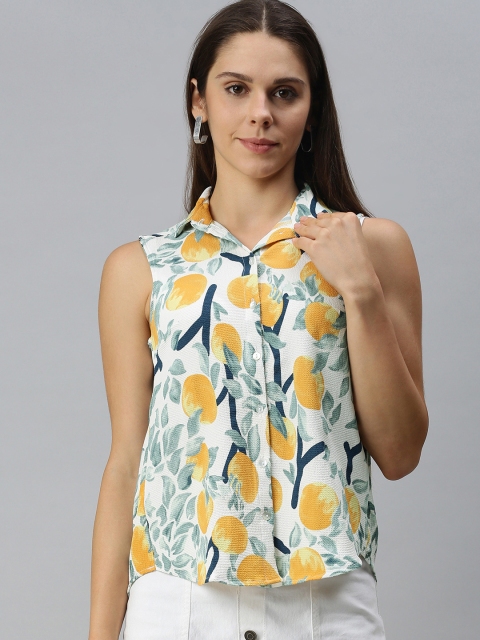 

Campus Sutra White & Orange Floral Crepe Shirt Style Top