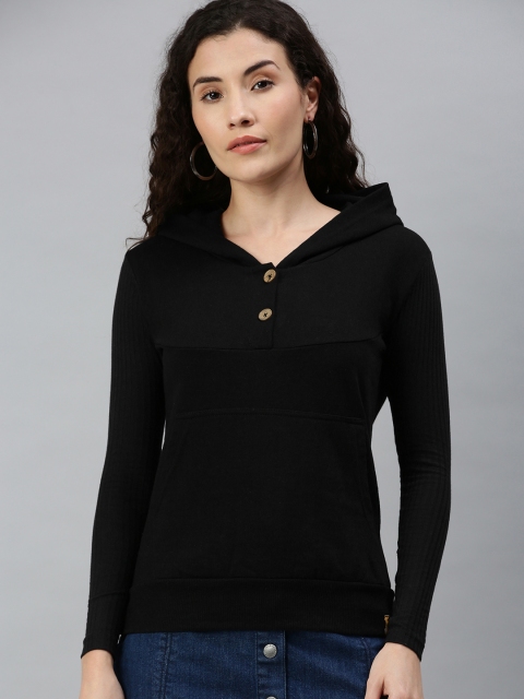 

Campus Sutra Women Black Hooded Sweatshirt