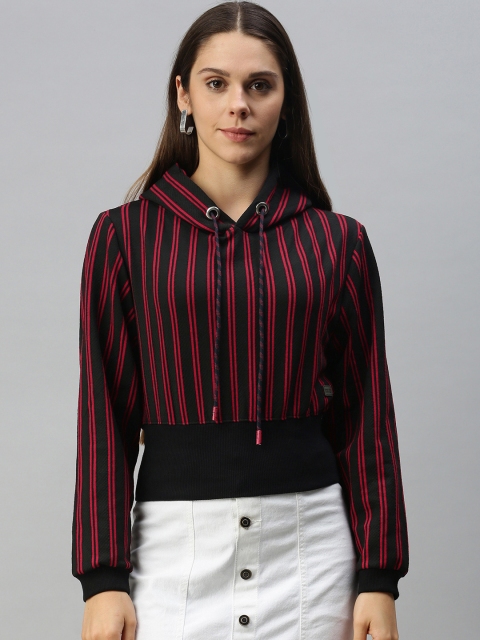 

Campus Sutra Women Red & Black Striped Hooded Sweatshirt