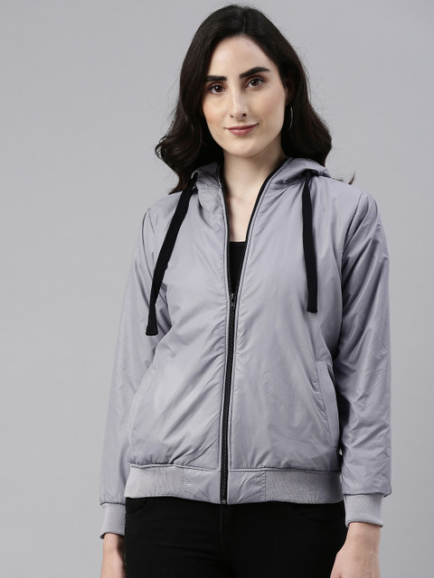 

Campus Sutra Women Grey Windcheater Hooded Bomber Jacket