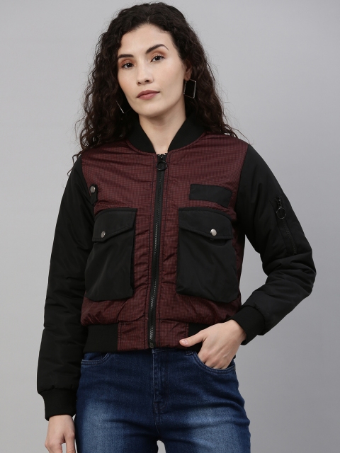 

Campus Sutra Women Red & Black Checked Bomber Jacket