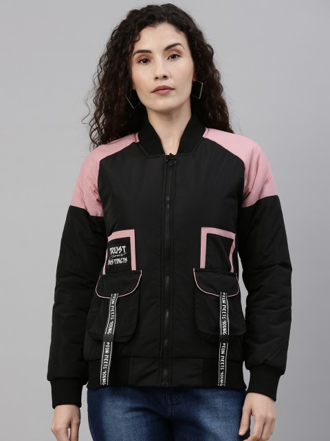 

Campus Sutra Women Black Windcheater Bomber Jacket