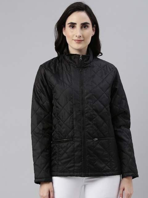 

Campus Sutra Women Black Solid Quilted Jacket