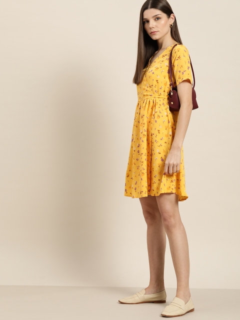 

her by invictus Yellow & Purple Floral Print Wrap Dress