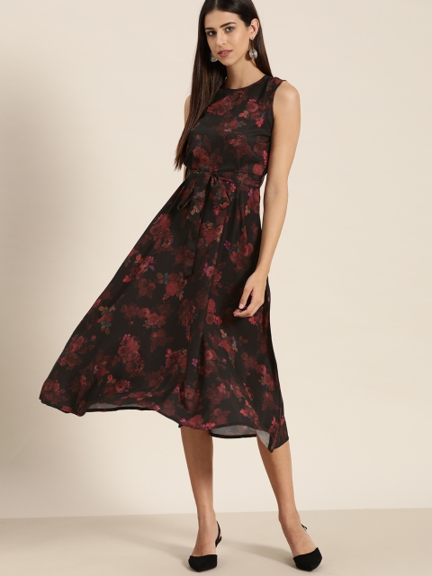 

her by invictus Black & Red Floral Print A-Line Midi Dress