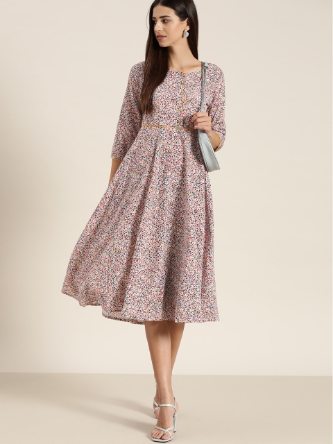 

her by invictus White & Maroon Floral A-Line Dress