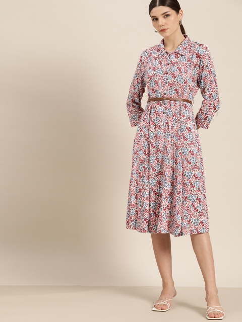 

her by invictus White & Red Floral Printed Shirt Style Midi Dress