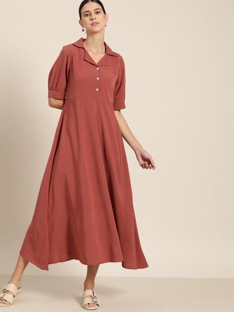

her by invictus Women Rust Brown Solid A-Line Midi Dress