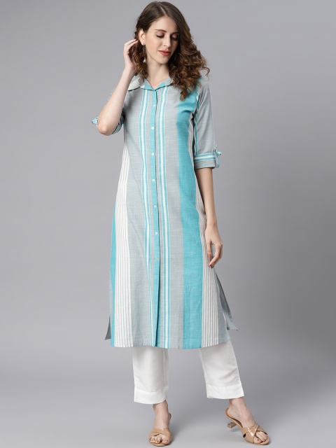 

Janasya Women Grey Striped Kurta