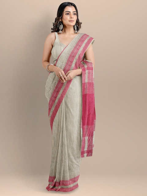 

BharatSthali Grey & Pink Handloom Silk Cotton Maheshwari Saree