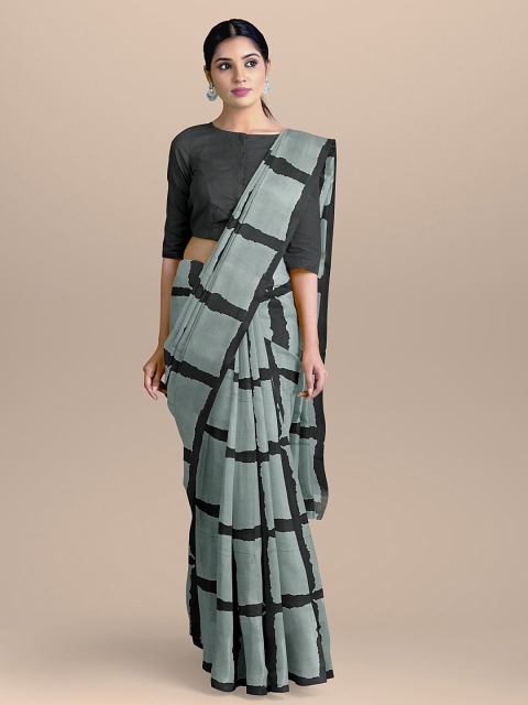 

BharatSthali Grey & Black Checked Pure Cotton Handloom Block Print Saree