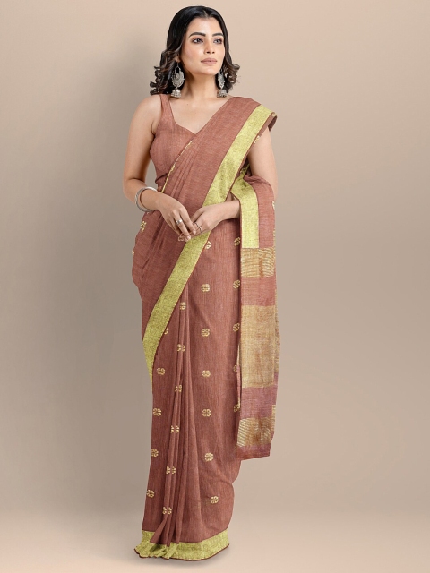 

BharatSthali Red & Gold-Toned Ethnic Motifs Silk Cotton Mangalagiri Saree