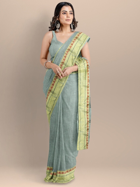 

BharatSthali Grey & Green Silk Cotton Maheshwari Saree
