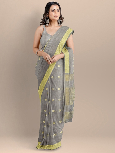 

BharatSthali Grey & Gold-Toned Ethnic Motifs Silk Cotton Mangalagiri Saree