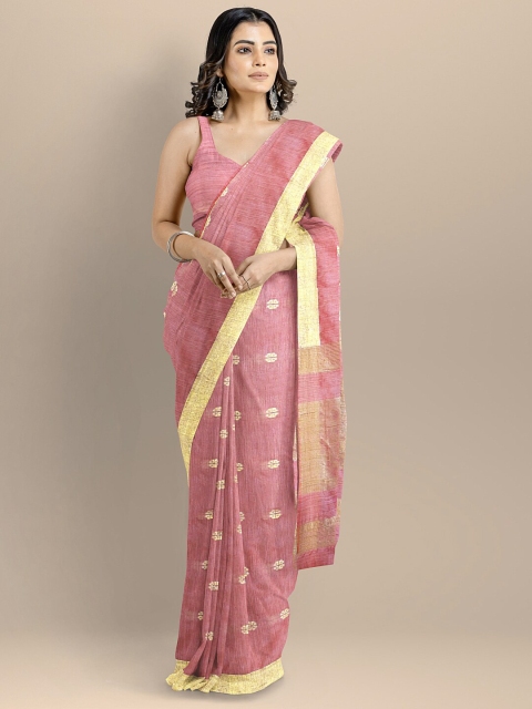 

BharatSthali Pink & Gold-Toned Woven Design Silk Cotton Mangalagiri Saree