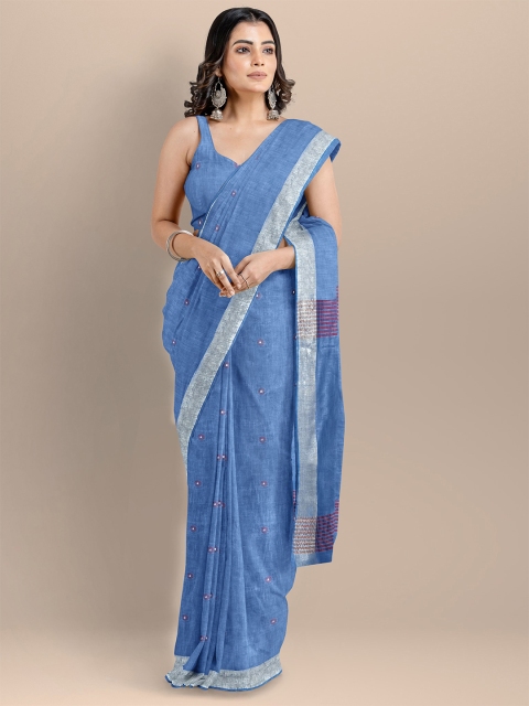 

BharatSthali Blue & Burgundy Pure Cotton Taant Saree