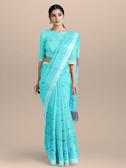 

BharatSthali Turquoise Blue & Maroon Woven Design Handloom Pure Cotton Taant Saree