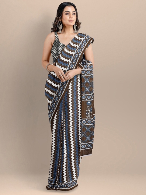 

BharatSthali Coffee Brown & White Pure Cotton Block Print Saree
