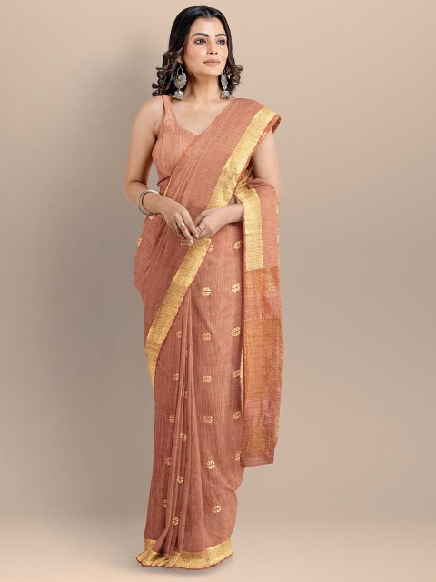 

BharatSthali Peach-Coloured & Gold-Toned Woven Design Silk Cotton Mangalagiri Saree