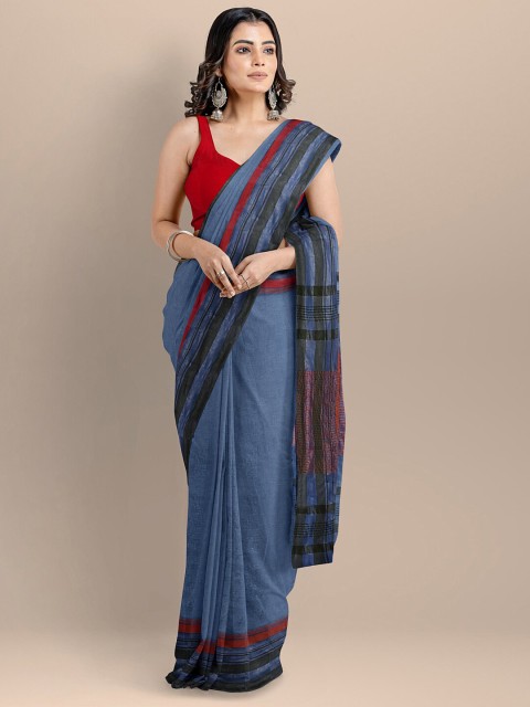 

BharatSthali Navy Blue & Black Striped Pure Cotton Maheshwari Saree