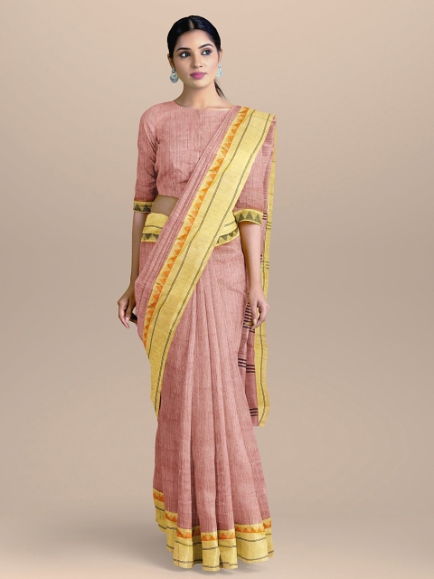 

BharatSthali Pink & Yellow Silk Cotton Maheshwari Saree