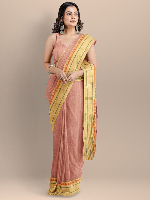 

BharatSthali Peach-Coloured & Yellow Silk Cotton Maheshwari Saree