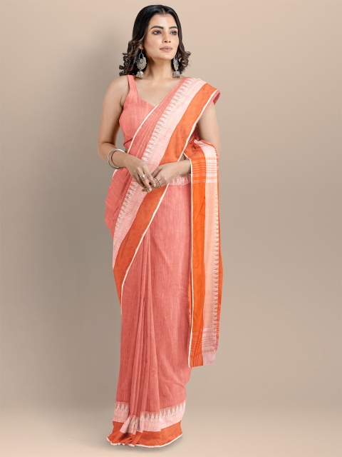 

BharatSthali Peach-Coloured & Orange Silk Cotton Maheshwari Saree