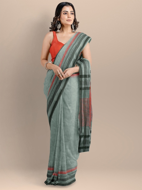 

BharatSthali Grey & Black Striped Pure Cotton Maheshwari Saree