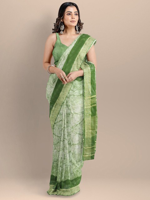 

BharatSthali Lime Green & Off White Pure Linen Narayan Peth Saree