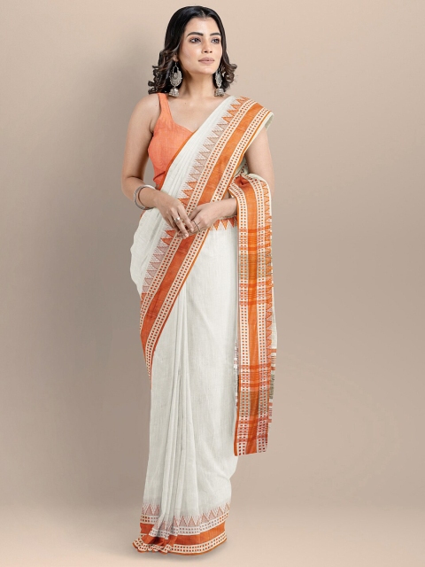 

BharatSthali White & Orange Pure Cotton Maheshwari Saree