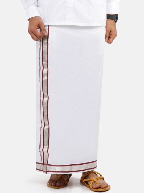 

RAMRAJ COTTON Men White Pure Cotton Silver Zari Border Dhoti