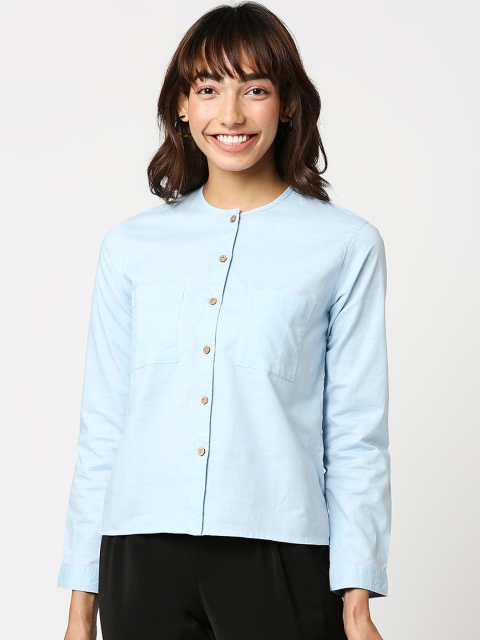 

Bewakoof Women Blue Collarless Casual Shirt