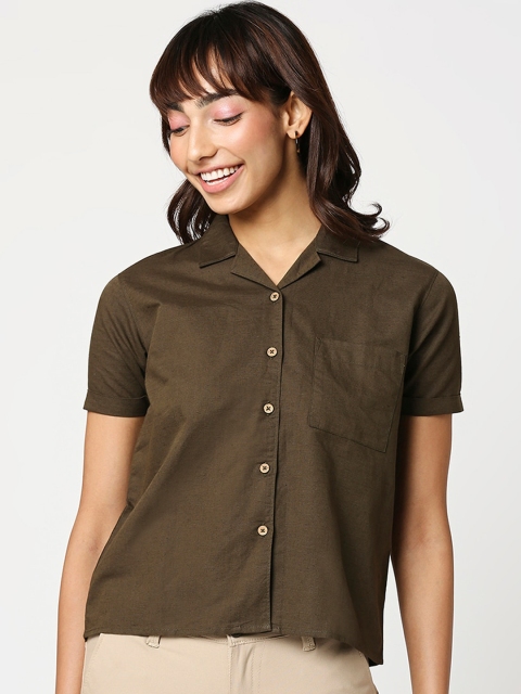 

Bewakoof Women Olive Green Solid Boxy Casual Shirt